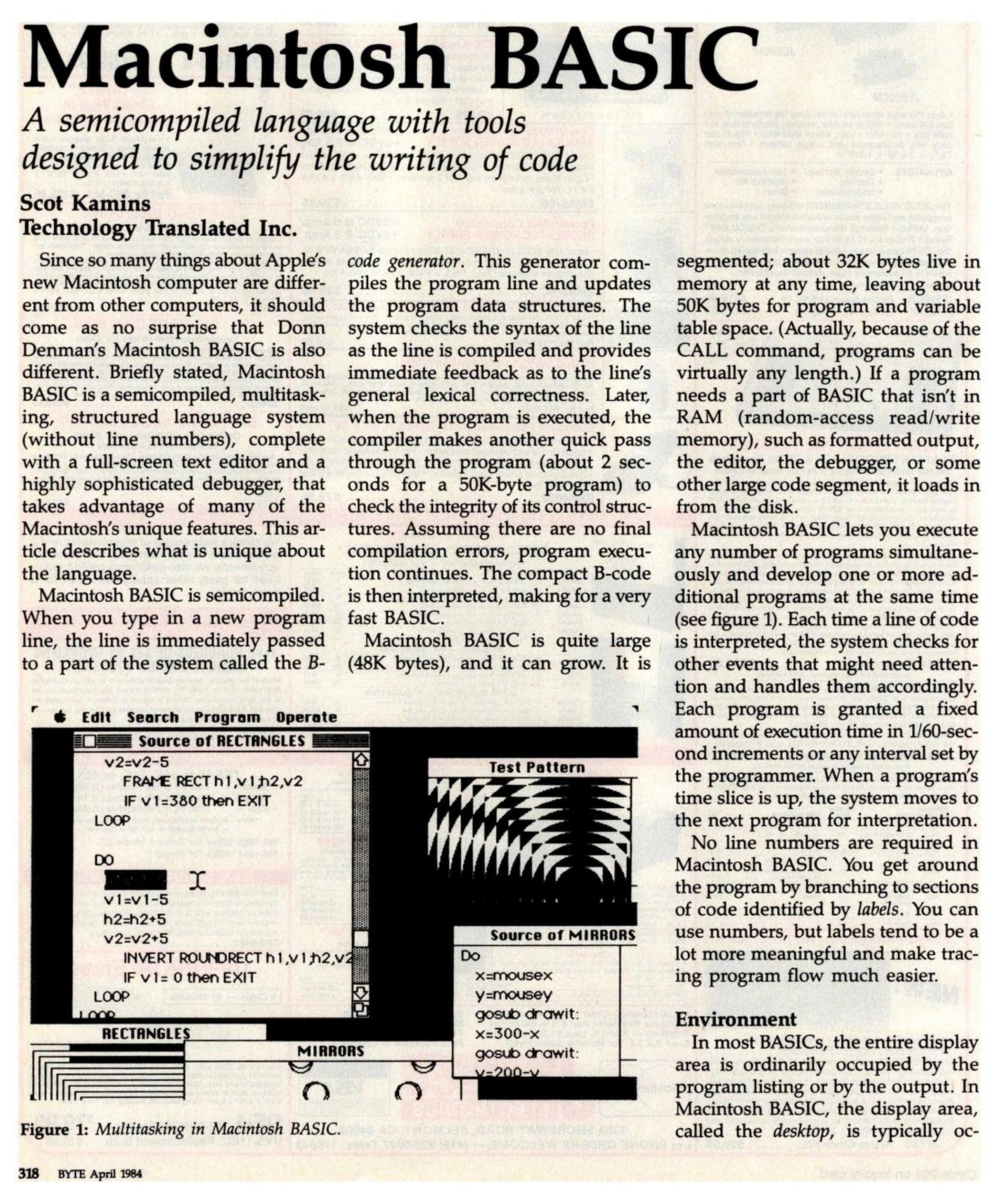 Macintosh BASIC BYTE magazine 04 1984 — page 1