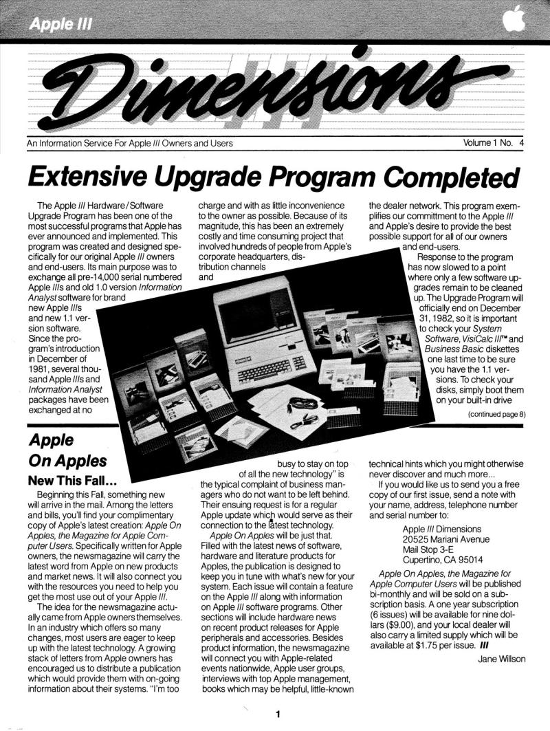 Apple III Dimensions Volume 1 Number 4 1982 09 Apple US — page 1
